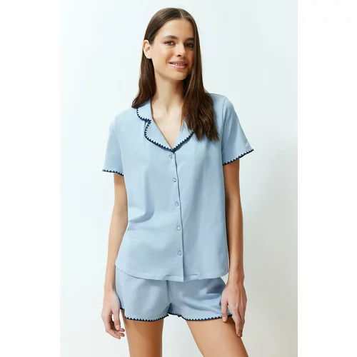 Trendyol Blue Premium Embroidery Detailed Modal Shirt-Shorts Knitted Pajamas Set