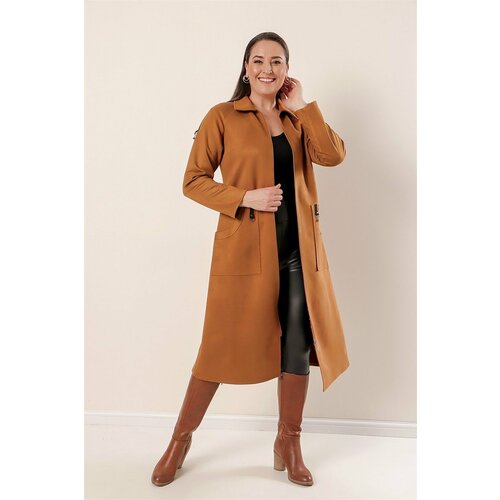 By Saygı Plus Size Suede Coat Green with Stripes on the Shoulders, Zippered Front with Pockets. Slike