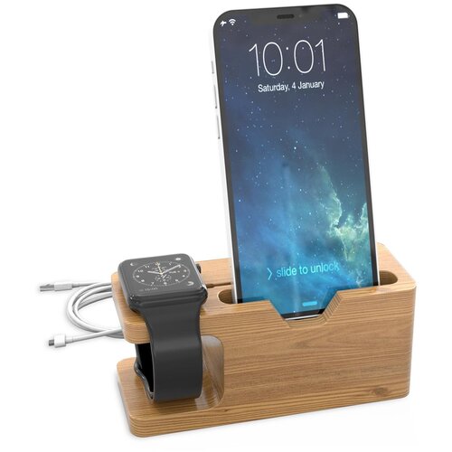 Cadorabo Priključna postaja - Polnilna postaja iz pravega lesa bambusa - Združljiva z vsemi mobilnimi telefoni in pametnimi urami, (20636114) Cene