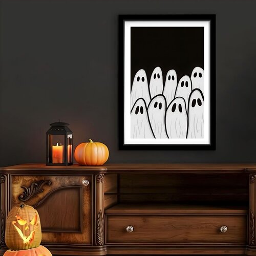 Wallxpert uramljena MDF slika 3752HALCT-008, Noć ve&amp;scaron;tica, grupa belih duhova na crnoj pozadini, 37 x 52 cm Slike