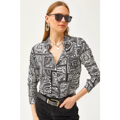 Olalook Women's Black Patch Patterned Woven Viscose Shirt