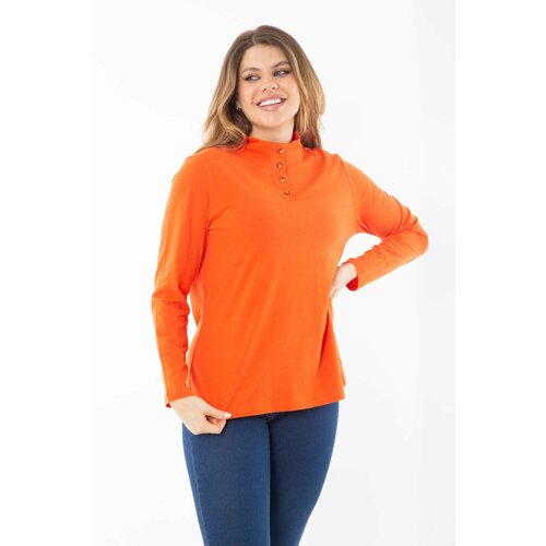 Şans Women's Plus Size Orange Cotton Fabric Front Pat Buttoned Long Sleeve Blouse Cene