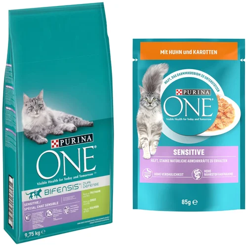 Purina 9,75 kg ONE + 13 x 85 g odgovarajuća mokra hrana gratis! - Sensitive + Sensitive piletina i mrkva