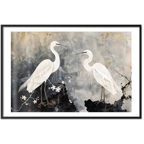  Plakat - Herons and Cherry Blossom - oriental-style illustration depicting birds 90x60 Crni okvir s margom Slike
