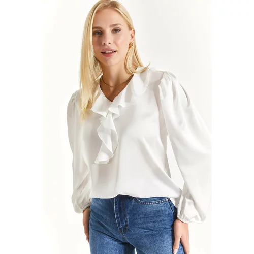 armonika Women's White Cotton Satin Blouse with Frills around the Shoulders and Elasticated Sleeves