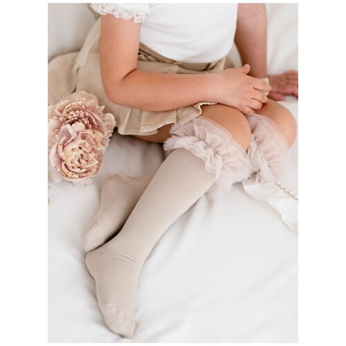 Milena Cotton Knee High Socks For Children With Tulle Beige Cene