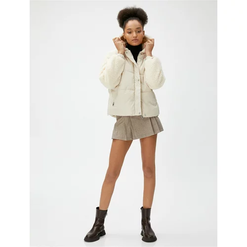 Koton Short Puffy Coat Leather Look with Plush Detailed Hoodie.