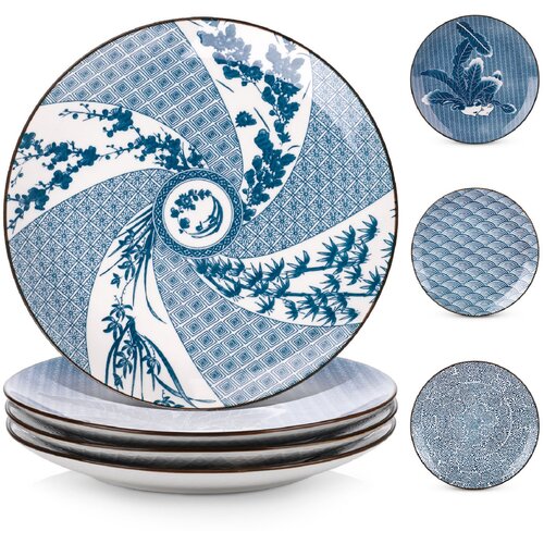 Lifver Y YHY keramične večerje krožnike s premerom 25,4 cm, set porcelanastih krožnikov s 4 kosi, primerni za mikrovalovno pečico in pomivalni stroj, modri in beli - 4 vzorci, (21635321) Cene