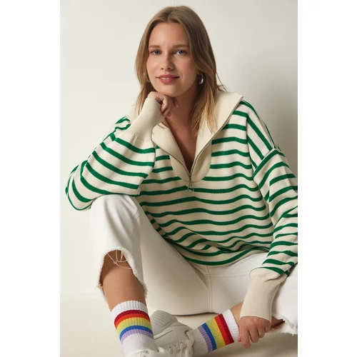 Happiness İstanbul Women's Cream Green Striped Zipper Collar Knitwear Sweater