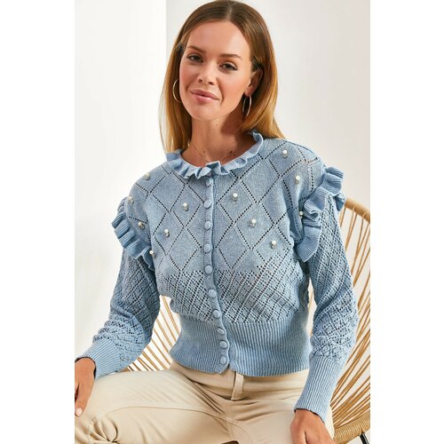 Bianco Lucci Women's Openwork Tricot Cardigan with Ruffles and Pearl Stones. Cene