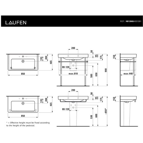 Laufen H8139650001041 Pro S 85 x 46 cm pravokotni vgradni keramični umivalnik z odprtino za armaturo Slike