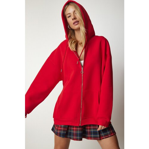 Happiness İstanbul Women's Red Hoodie with Zipper Oversized Sweatshirt Slike