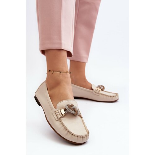 Kesi Women's leather loafers with embellishment Laura Messi light beige Slike