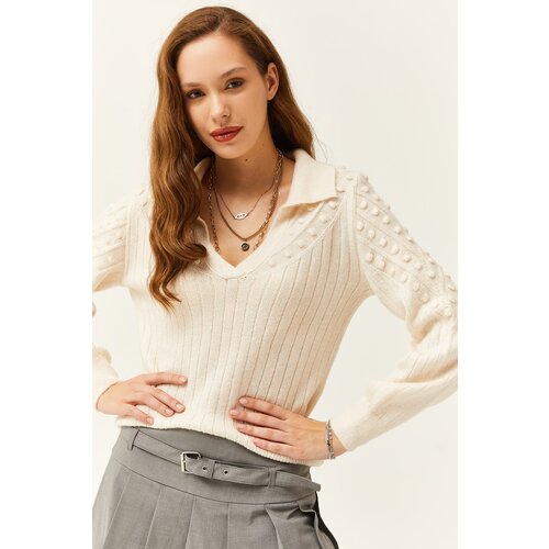 Olalook Women's White Polo Neck Little Pompom Soft Textured Knitwear Sweater Cene