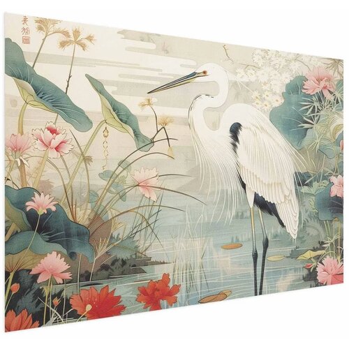  Plakat - Over the Asian Pond - illustration in the Japanese print style featuring a heron 60x40 Bez okvira Cijene
