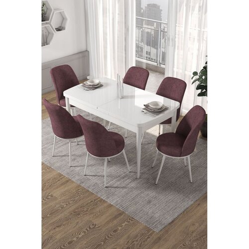 Hanah home trpezarijski set Via, sto na razvlačenje i 6 stolica, bela ploča, puder roze tkanina Jerry Cene