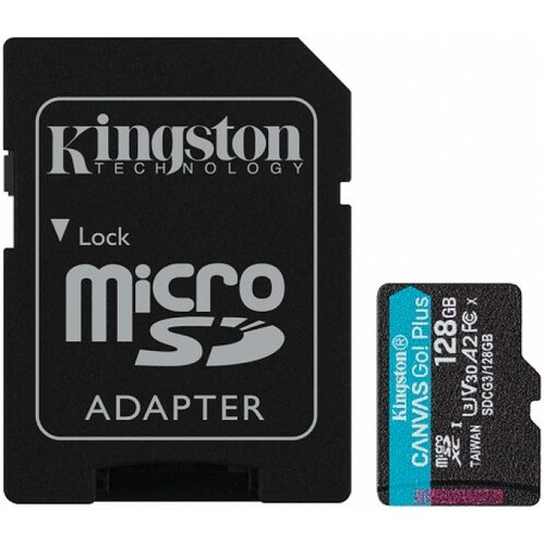 Kingston microsd 128GB, canvas go! plus, Class10 uhs-i U3 V30 A2, read up to 170MB/s, write up to 90MB/s, for 4K and fullhd video recording, w/sd adapter Slike