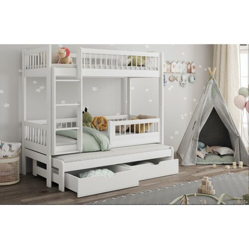 Molarem Home Drveni dječji krevet na kat Evan s tri kreveta i ladicom - bijeli - 200x90 cm - Bez madraca Cijene