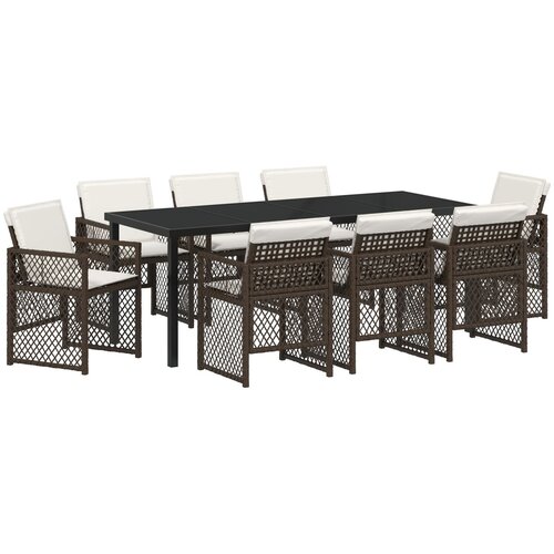VidaXL 9-delni vrtni jedilni set s blazinami Rjava Poli Ratan, Vrtna miza Črna 200x80x73 cm Temperirano Steklo Slike