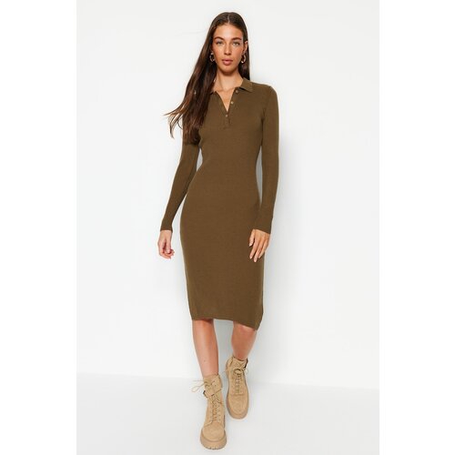 Trendyol Khaki Midi Knitwear Polo Neck Dress Cene