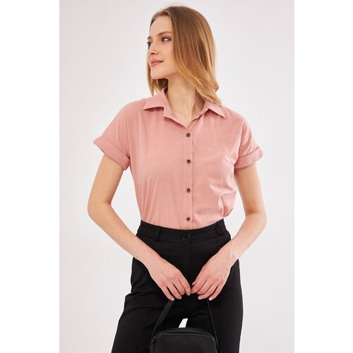 armonika Women's Pale Pink Short Sleeve Linen Shirt Slike