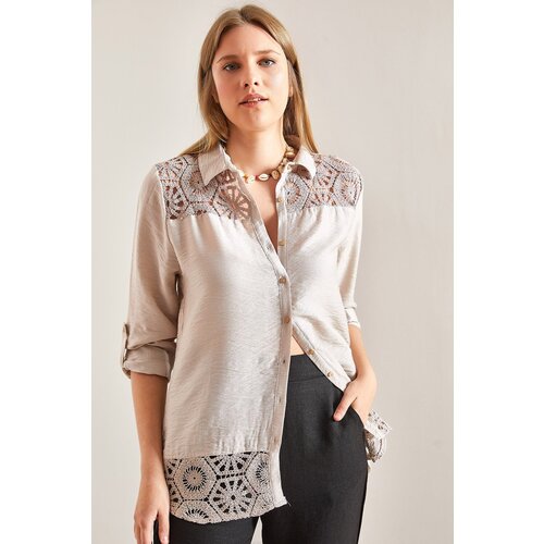 Bianco Lucci Women's Lace Patterned Fold Sleeve Shirt Cene