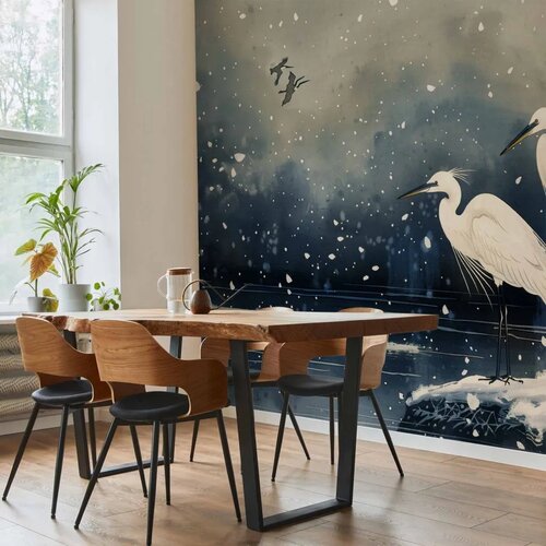  Foto tapeta - Herons over a winter pond - Japanese-style illustration in dark colours 250x175 Vodootporna Cene