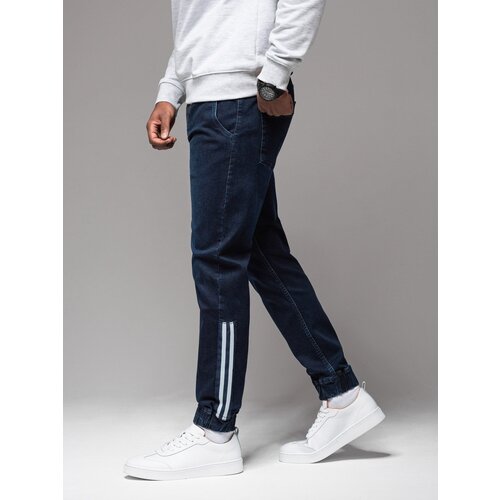 Ombre Men&amp;#039;s denim joggers with asymmetrical stitching - blue Slike