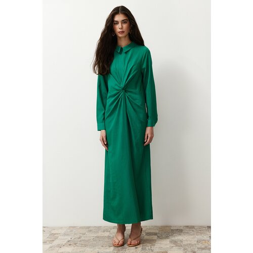 Trendyol emerald green front knot and zipper detail woven dress Cene