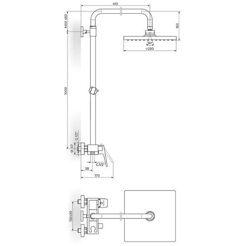 Rosan baterija za tu&amp;scaron; kadu sa kvadratnim usponskim tu&amp;scaron;em 250x250mm STOLZ 137252B crna Slike