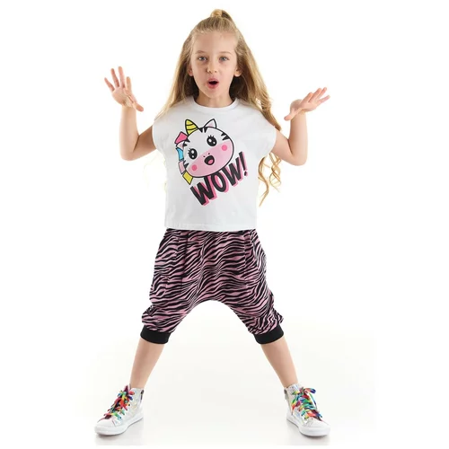 Denokids Zebracorn Girls' White T-shirt Zebra Patterned Pink Capri Shorts Set.
