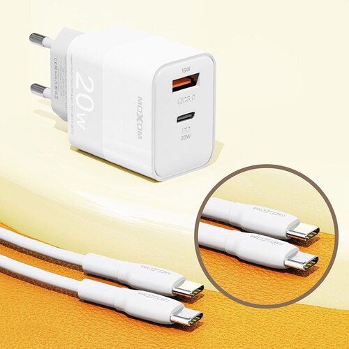  Kućni punjač Moxom MX-HC134 Fast Charge QC 18W PD20W sa kablom Type-C na Type-C beli Cene