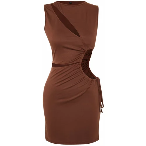 Trendyol Brown Fitted Mini Knitted Cut Out/Windowed Beach Dress