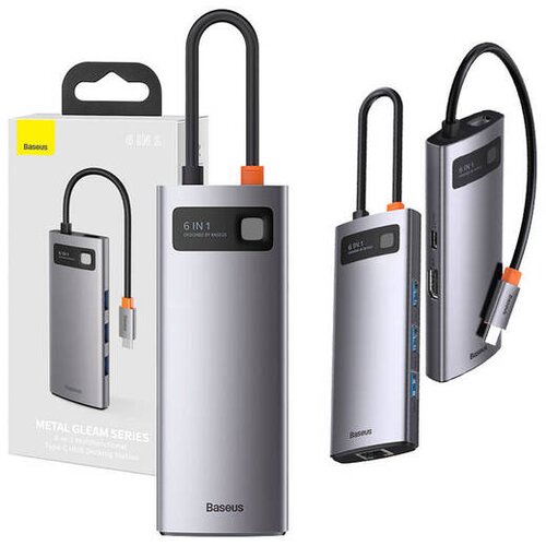 Baseus Vozli&amp;scaron;če 6v1 Metal Gleam Series, USB-C do 3x USB 3.0 + HDMI + USB-C PD + Ethernet RJ45 Slike