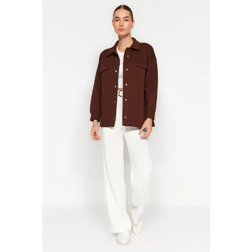 Trendyol Brown Oversize/Wide Fit Polo Jacket with Pockets and Buttons, Fleece Inner Knitted Jacket