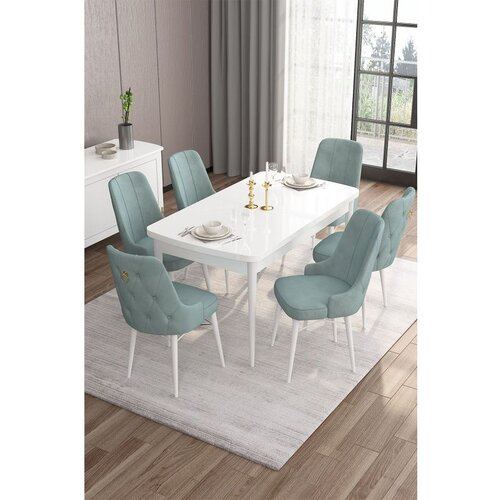 Hanah home Are - White, Sea Green WhiteSea Green Extendable Dining Table & Chairs Set (7 Pieces) Cene