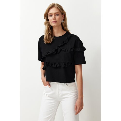 Trendyol Black 100% Cotton Ruffle Detailed Relaxed/Comfortable Fit Short Sleeve Knitted T-Shirt Slike