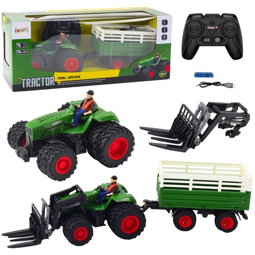 Traktor na daljinsko upravljanje s duplim kotačima, prikolicom i viljuškarom - zeleni Cijene