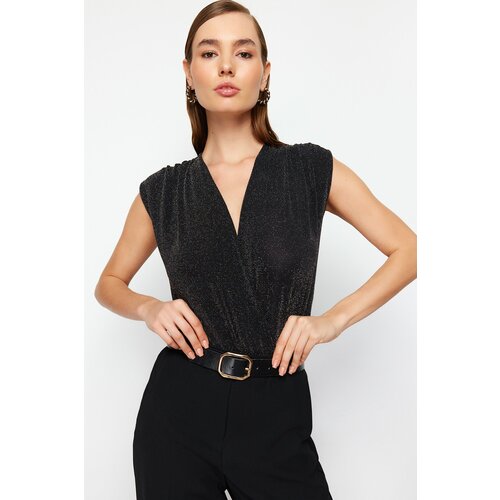 Trendyol Black Double Breasted Knitted Shiny Snaps Silvery Knitted Bodysuit Slike