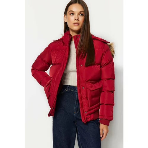 Trendyol Red Fur Hooded Water-Repellent Inflatable Coat