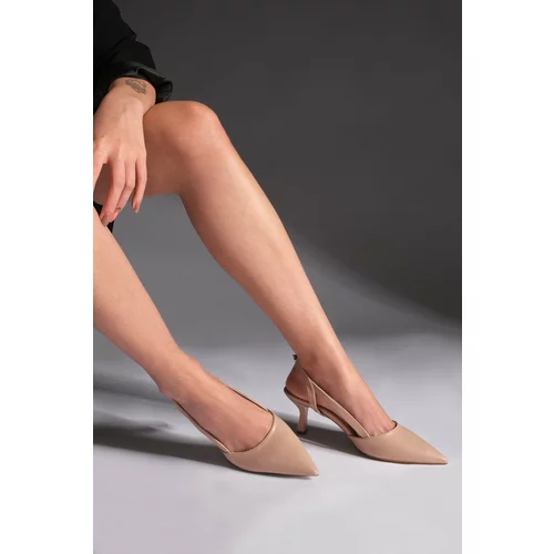 Marjin Women's Stilettos with Open Sides, Strap Pointed Toe Classic Heels Suder beige.