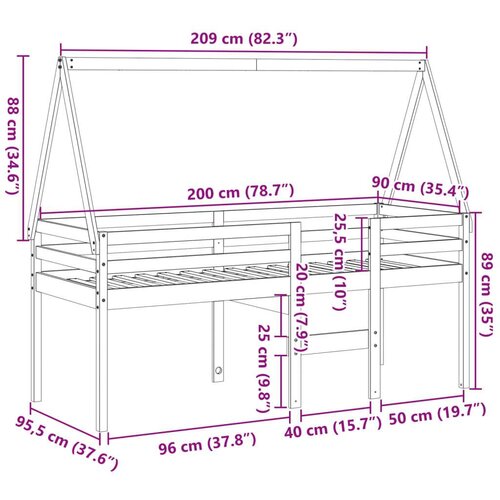  Visoki krevet s krovom bijeli 90 x 200 cm od masivne borovine Slike