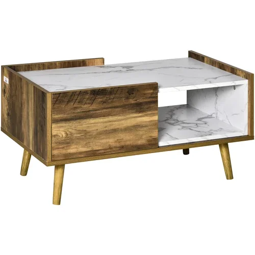 HOMCOM Pravokotna kavna mizica z marmornatim učinkom, predalom in odprtim predalom, lesena stranska mizica 80x45x40,5 cm, rjava in bela, (20745733)