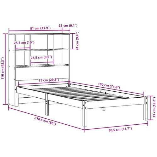 VidaXL Krevet s regalom za knjige bez madraca 75 x 190 cm od borovine Slike