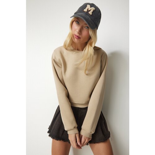 Happiness İstanbul Women's Beige Marked Crop Sweatshirt Slike