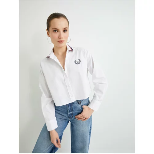 Koton Crop Oversize Shirt Embroidery Detailed Buttoned Cotton Striped Collar