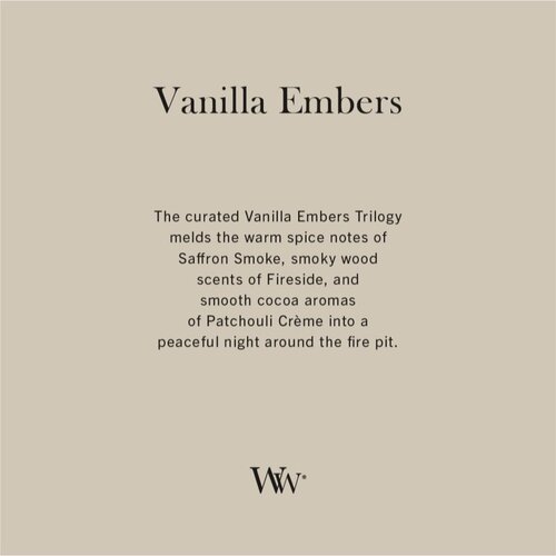 WoodWick Trilogy Vanilla Embers mirisna svijeća s drvenim fitiljem 275 g Slike