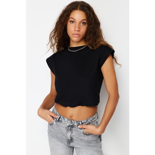 Trendyol Black 100% Cotton Stopper Moon Sleeve Crop Knitted T-Shirt Slike