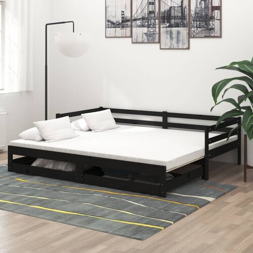 VidaXL Izvlečna dnevna postelja 2x(90x200) cm črna trdna borovina Slike