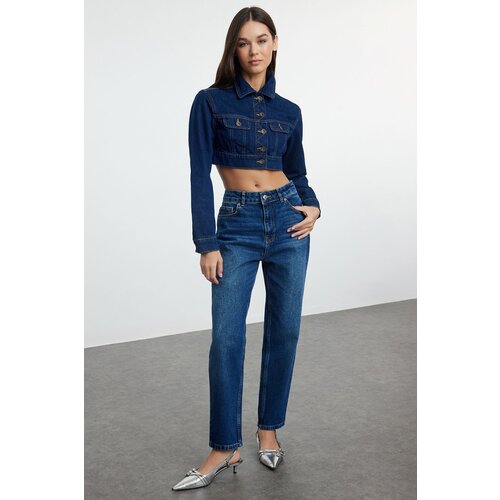 Trendyol Dark Blue High Waist Slim Mom Jeans Cene